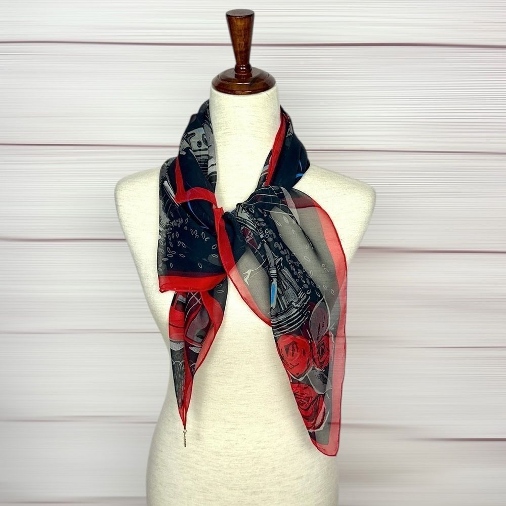 Lulu Guinness Silk Chiffon Scarf London Conture Themed Black Red Sheer 33x33" - Picture 9 of 15